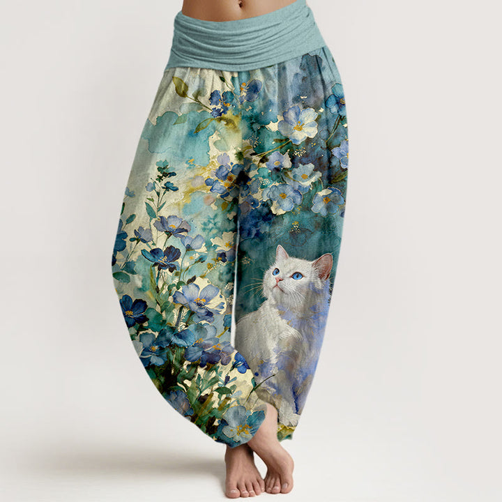 Buddha Stones Pantalon harem pour femme en pur coton à motif floral et chat blanc, taille élastique - Sarcelle - US16，UK/AU20，EU48 (3XL) - image 5