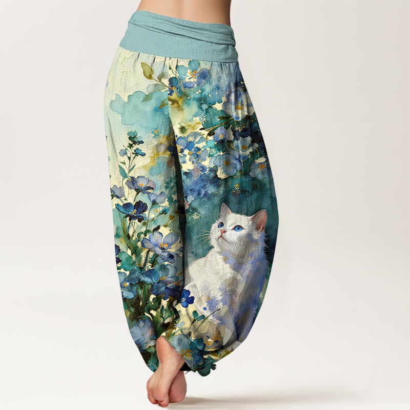 Buddha Stones Pantalon harem pour femme en pur coton à motif floral et chat blanc, taille élastique - image 6