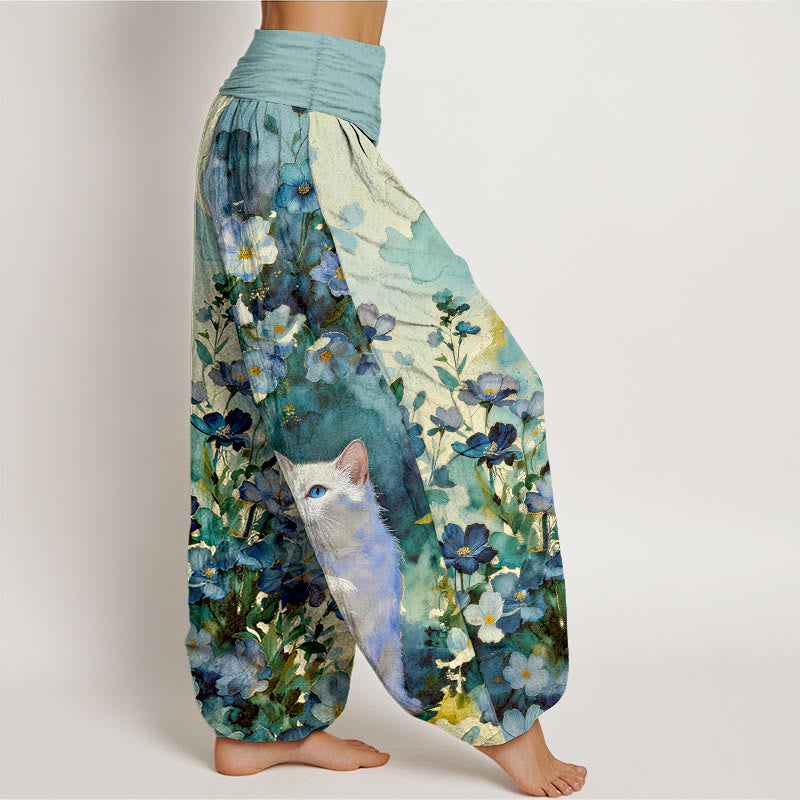 Buddha Stones Pantalon harem pour femme en pur coton à motif floral et chat blanc, taille élastique - image 7