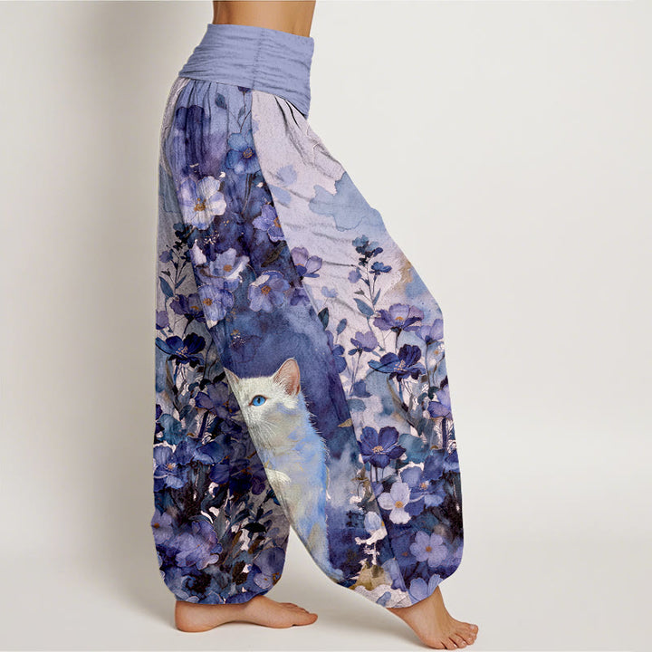 Buddha Stones Pantalon harem pour femme en pur coton à motif floral et chat blanc, taille élastique - image 10