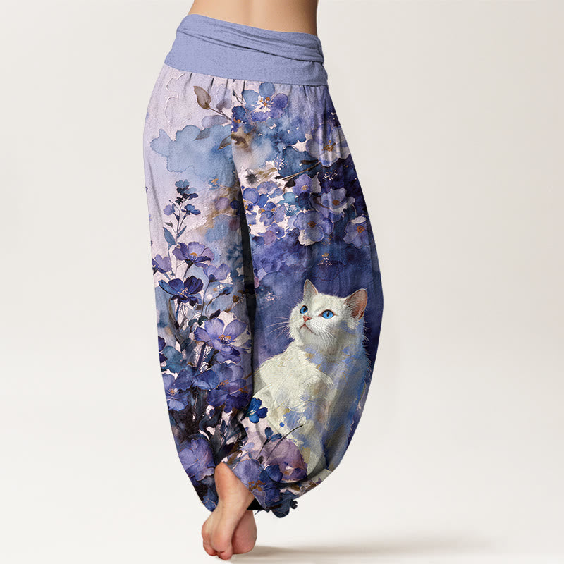 Buddha Stones Pantalon harem pour femme en pur coton à motif floral et chat blanc, taille élastique - image 9