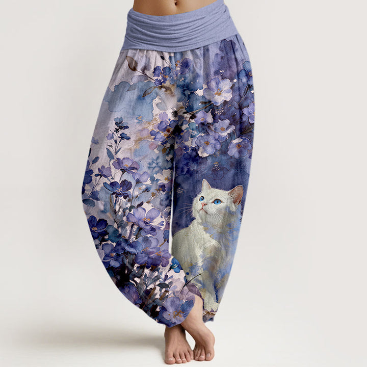 Buddha Stones Pantalon harem pour femme en pur coton à motif floral et chat blanc, taille élastique - Violet moyen - US16，UK/AU20，EU48 (3XL) - image 8