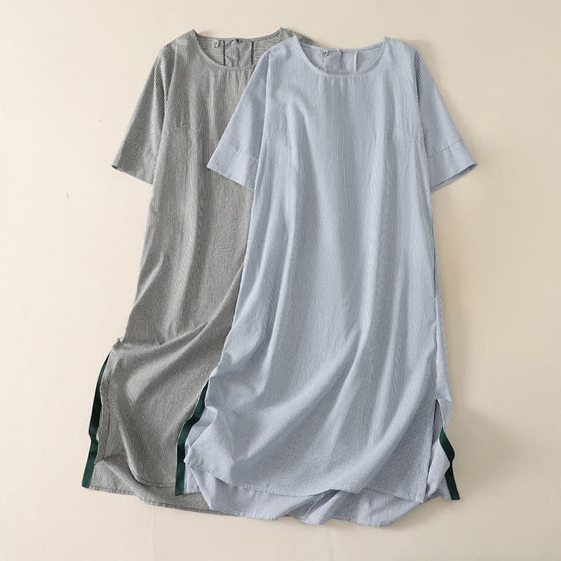Buddha Stones Robe d'été décontractée à rayures, manches courtes et fente latérale, avec poche - image 14