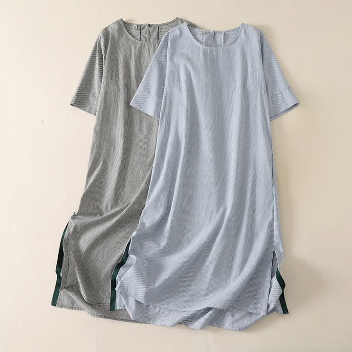 Buddha Stones Robe d'été décontractée à rayures, manches courtes et fente latérale, avec poche - image 14