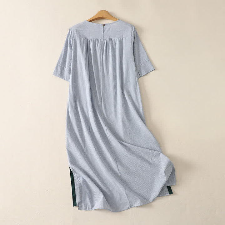 Buddha Stones Robe d'été décontractée à rayures, manches courtes et fente latérale, avec poche - image 1