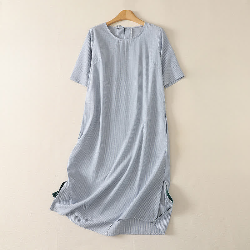 Buddha Stones Robe d'été décontractée à rayures, manches courtes et fente latérale, avec poche - Bleu clair - US14, UK/AU18, EU46 (2XL) - image 0