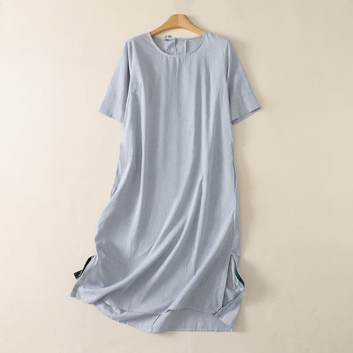 Buddha Stones Robe d'été décontractée à rayures, manches courtes et fente latérale, avec poche - Bleu clair - US14, UK/AU18, EU46 (2XL) - image 0