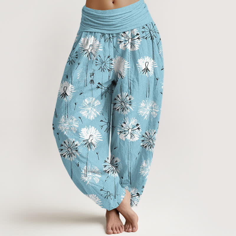Buddha Stones Pantalon harem pour femme en pur coton à motif pissenlit et taille élastique - Bleu ciel - US16，UK/AU20，EU48 (3XL) - image 0