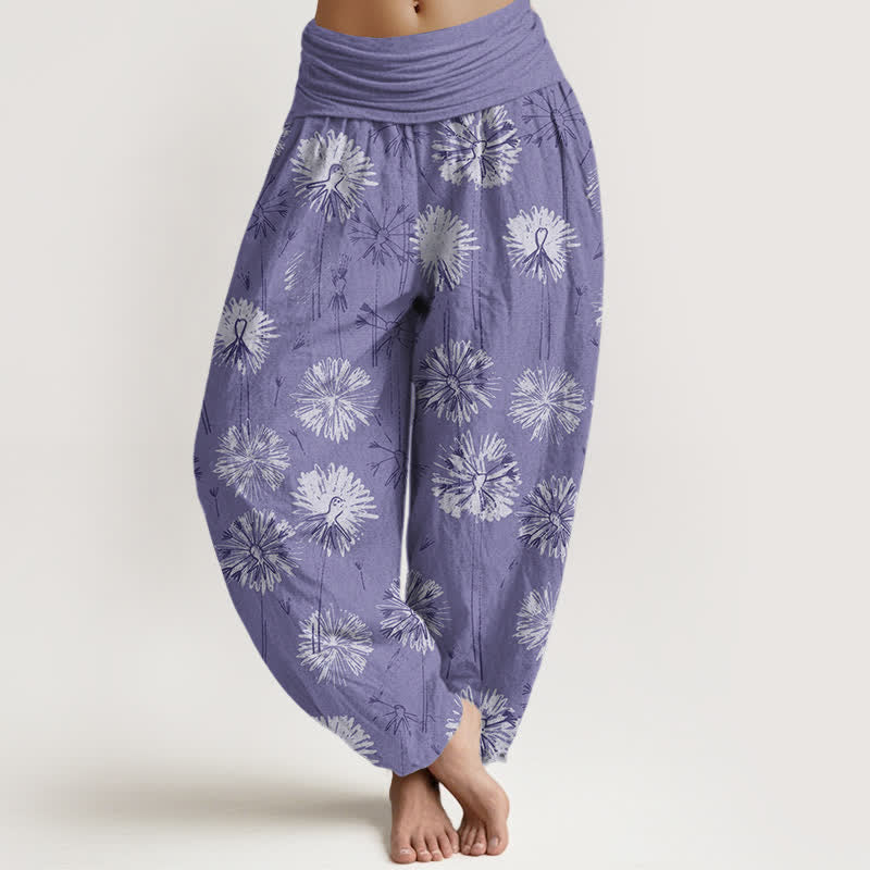 Buddha Stones Pantalon harem pour femme en pur coton à motif pissenlit et taille élastique - Violet moyen - US16，UK/AU20，EU48 (3XL) - image 5