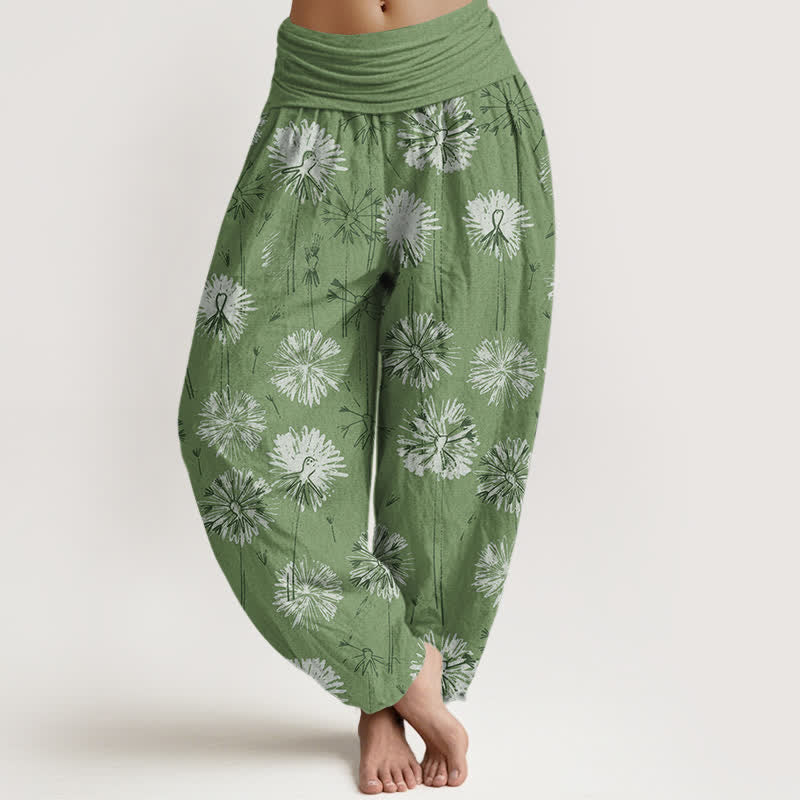 Buddha Stones Pantalon harem pour femme en pur coton à motif pissenlit et taille élastique - Vert olive - US16，UK/AU20，EU48 (3XL) - image 8