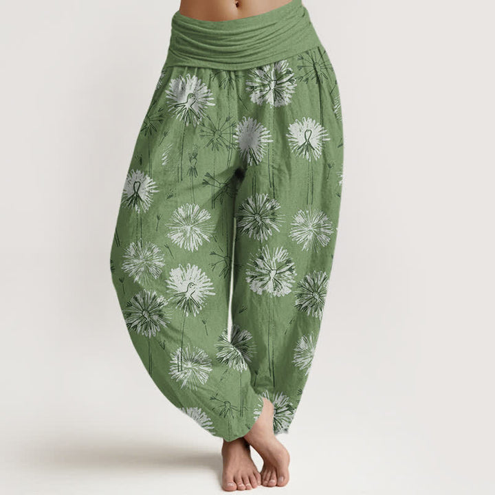 Buddha Stones Pantalon harem pour femme en pur coton à motif pissenlit et taille élastique - Vert olive - US16，UK/AU20，EU48 (3XL) - image 8