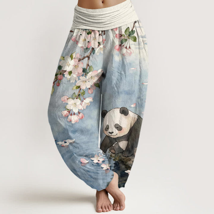 Buddha Stones Pantalon harem à taille élastique pour femme, en pur coton, motif panda et fleurs de cerisier - Bleu acier clair - US16，UK/AU20，EU48 (3XL) - image 0