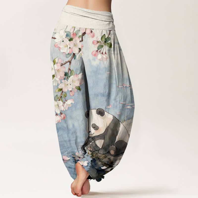 Buddha Stones Pantalon harem à taille élastique pour femme, en pur coton, motif panda et fleurs de cerisier - image 1