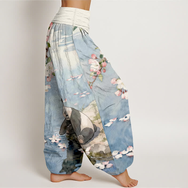 Buddha Stones Pantalon harem à taille élastique pour femme, en pur coton, motif panda et fleurs de cerisier - image 2