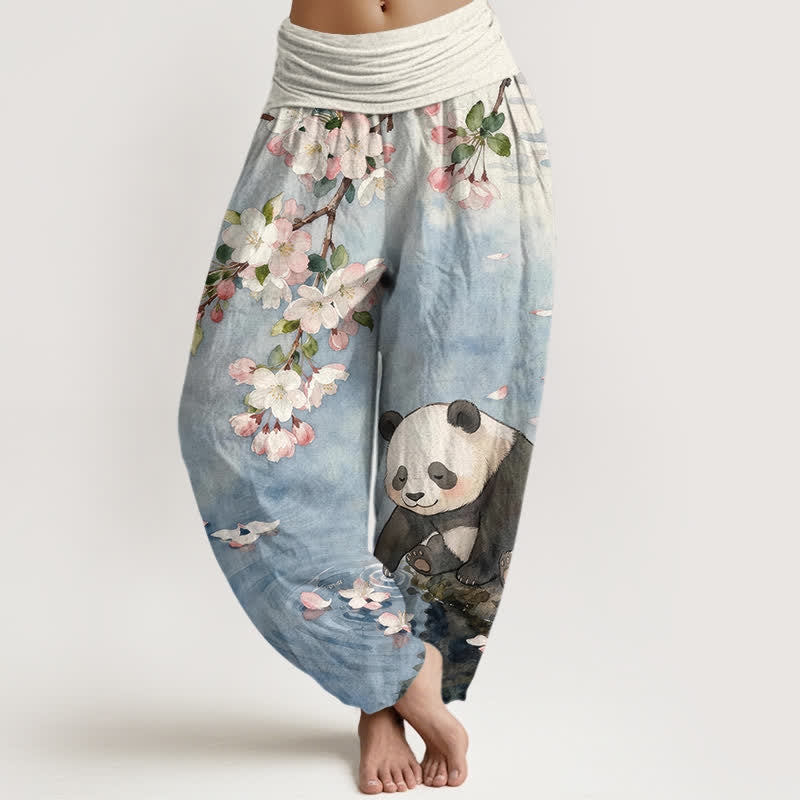 Buddha Stones Pantalon harem à taille élastique pour femme, en pur coton, motif panda et fleurs de cerisier - Bleu acier clair - US16，UK/AU20，EU48 (3XL) - image 0