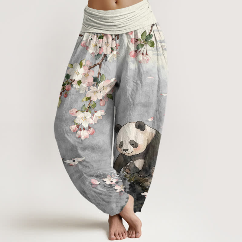 Buddha Stones Pantalon harem à taille élastique pour femme, en pur coton, motif panda et fleurs de cerisier - Gris clair - US16，UK/AU20，EU48 (3XL) - image 5