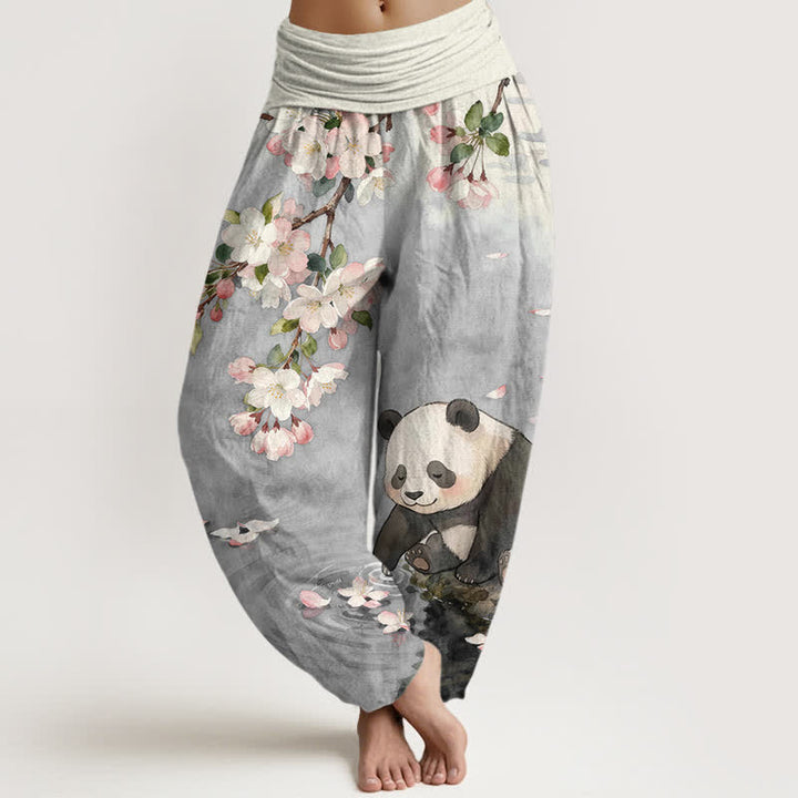 Buddha Stones Pantalon harem à taille élastique pour femme, en pur coton, motif panda et fleurs de cerisier - Gris clair - US16，UK/AU20，EU48 (3XL) - image 5