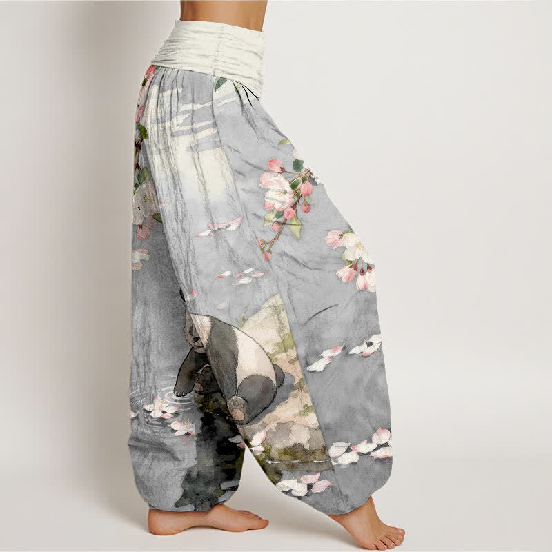 Buddha Stones Pantalon harem à taille élastique pour femme, en pur coton, motif panda et fleurs de cerisier - image 7
