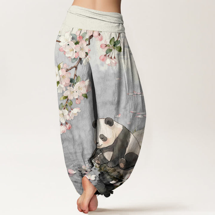 Buddha Stones Pantalon harem à taille élastique pour femme, en pur coton, motif panda et fleurs de cerisier - image 6