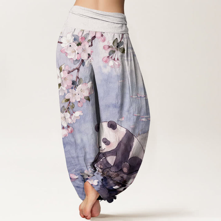 Buddha Stones Pantalon harem à taille élastique pour femme, en pur coton, motif panda et fleurs de cerisier - image 9