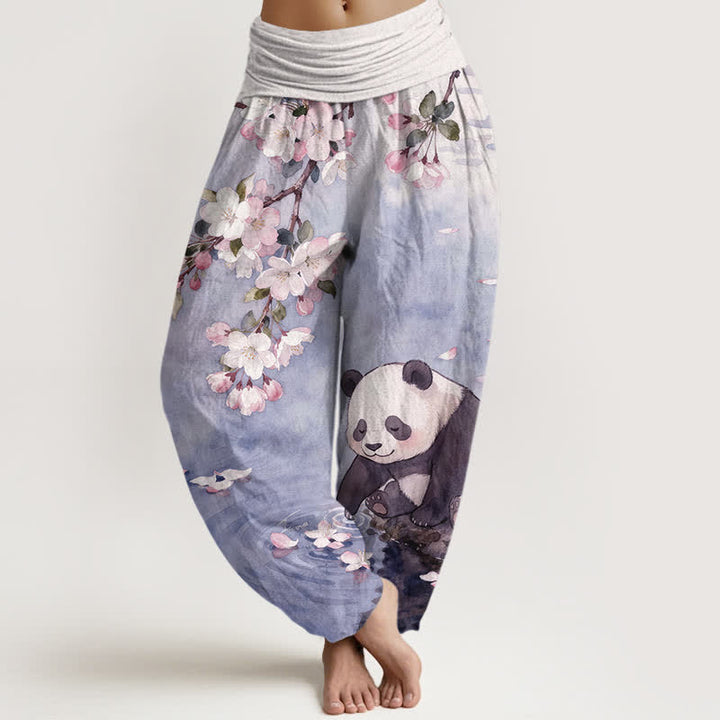 Buddha Stones Pantalon harem à taille élastique pour femme, en pur coton, motif panda et fleurs de cerisier - Bleu ardoise moyen - US16，UK/AU20，EU48 (3XL) - image 8