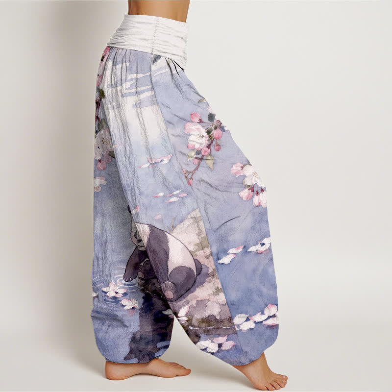 Buddha Stones Pantalon harem à taille élastique pour femme, en pur coton, motif panda et fleurs de cerisier - image 10