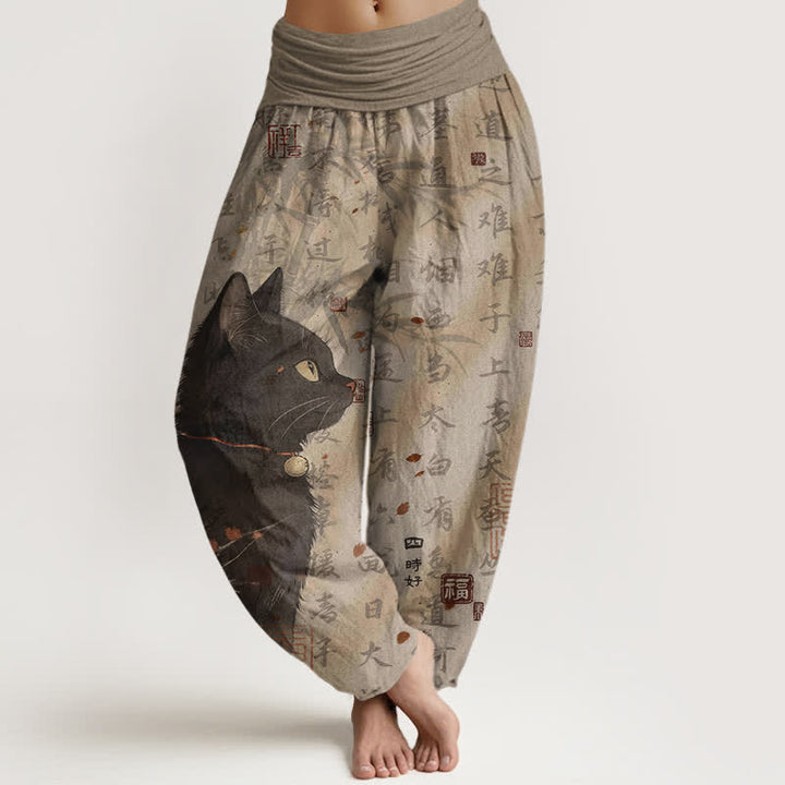 Buddha Stones Pantalon harem femme en pur coton à motif calligraphique chat noir et taille élastique - Tanné - US16，UK/AU20，EU48 (3XL) - image 0