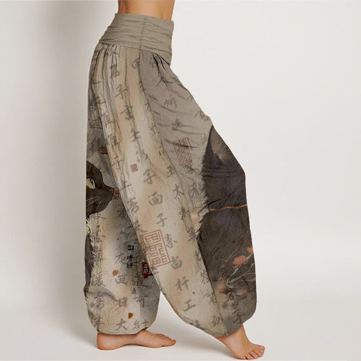 Buddha Stones Pantalon harem femme en pur coton à motif calligraphique chat noir et taille élastique - image 2