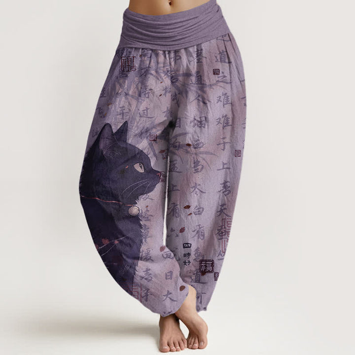 Buddha Stones Pantalon harem femme en pur coton à motif calligraphique chat noir et taille élastique - Orchidée moyenne - US16，UK/AU20，EU48 (3XL) - image 5