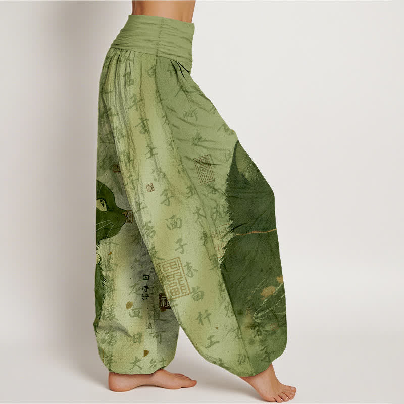 Buddha Stones Pantalon harem femme en pur coton à motif calligraphique chat noir et taille élastique - image 10