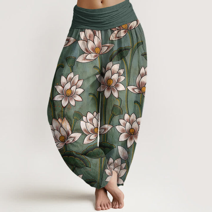 Buddha Stones Pantalon harem pour femme en pur coton à motif lotus et taille élastique - Vert clair - US16，UK/AU20，EU48 (3XL) - image 0