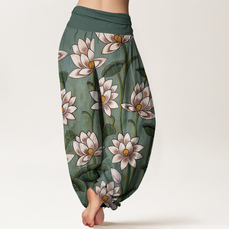 Buddha Stones Pantalon harem pour femme en pur coton à motif lotus et taille élastique - image 2