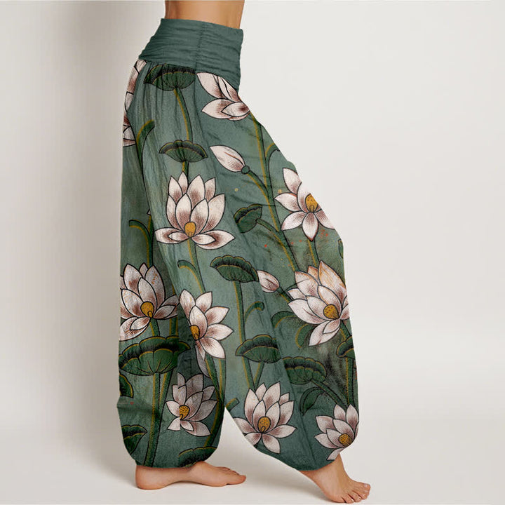 Buddha Stones Pantalon harem pour femme en pur coton à motif lotus et taille élastique - image 1
