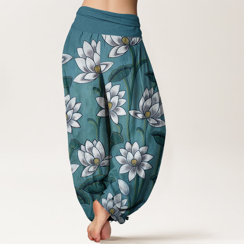 Buddha Stones Pantalon harem pour femme en pur coton à motif lotus et taille élastique - image 6