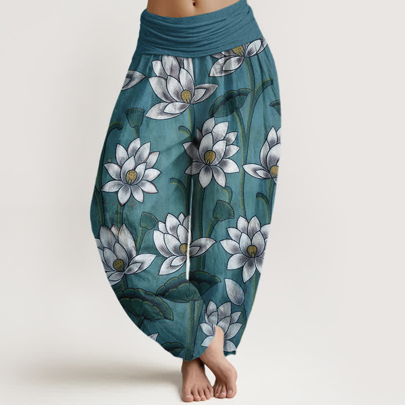 Buddha Stones Pantalon harem pour femme en pur coton à motif lotus et taille élastique - SteelBlue - US16，UK/AU20，EU48 (3XL) - image 5
