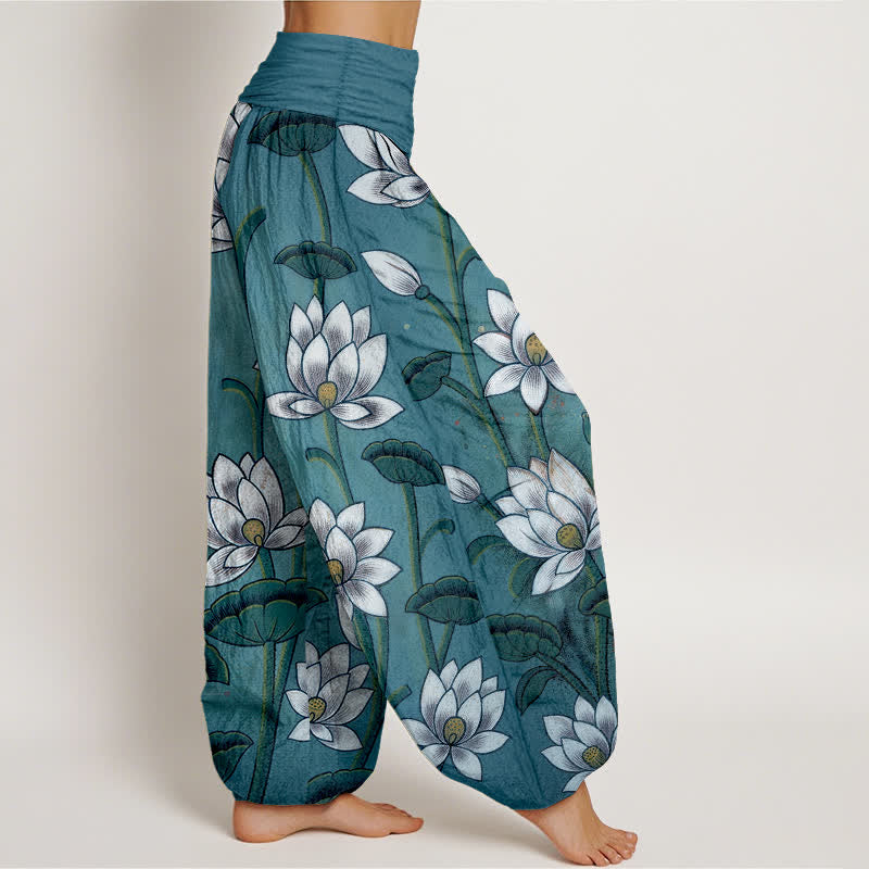 Buddha Stones Pantalon harem pour femme en pur coton à motif lotus et taille élastique - image 7
