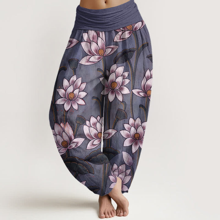 Buddha Stones Pantalon harem pour femme en pur coton à motif lotus et taille élastique - DarkOrchid - US16，UK/AU20，EU48 (3XL) - image 8