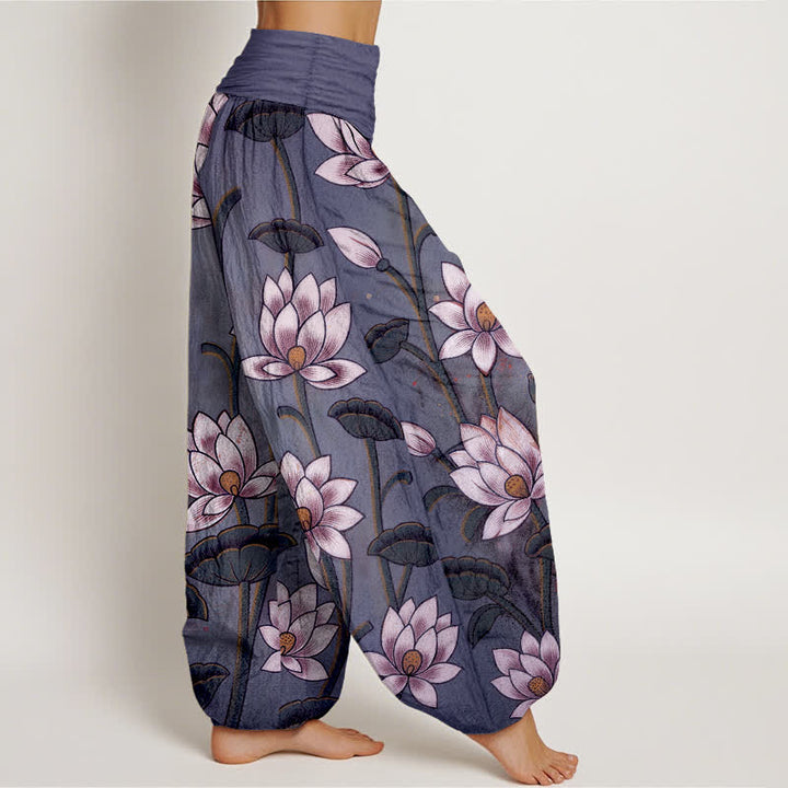 Buddha Stones Pantalon harem pour femme en pur coton à motif lotus et taille élastique - image 9