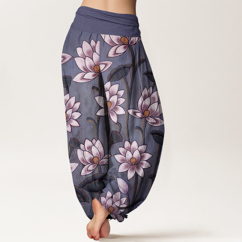 Buddha Stones Pantalon harem pour femme en pur coton à motif lotus et taille élastique - image 10