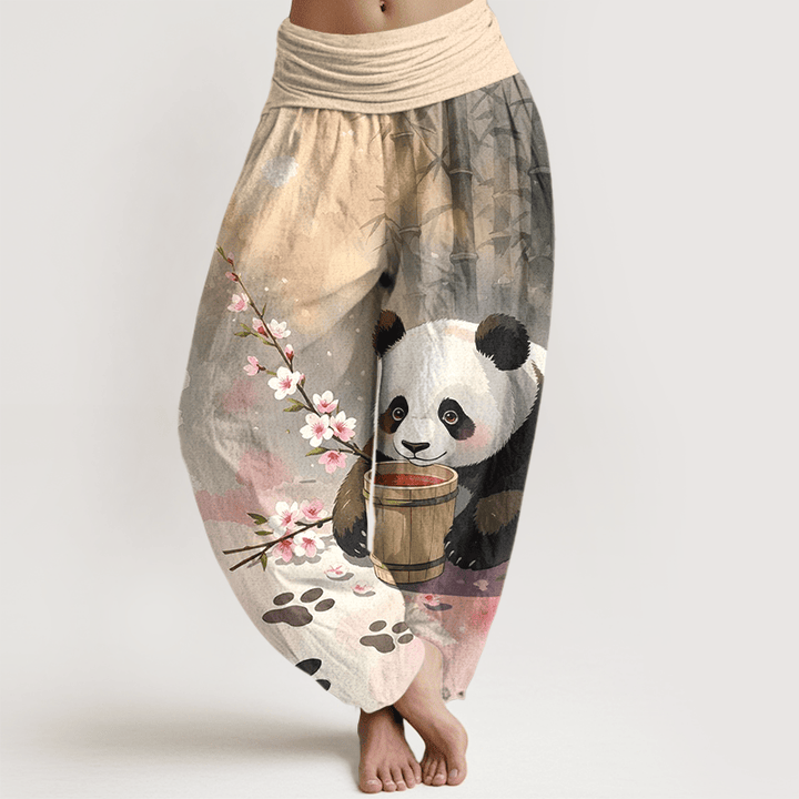Buddha Stones Pantalon harem pour femme en pur coton à motif panda et fleurs de bambou, taille élastique - Blé - US16，UK/AU20，EU48 (3XL) - image 0