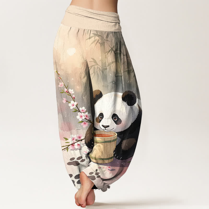 Buddha Stones Pantalon harem pour femme en pur coton à motif panda et fleurs de bambou, taille élastique - image 1