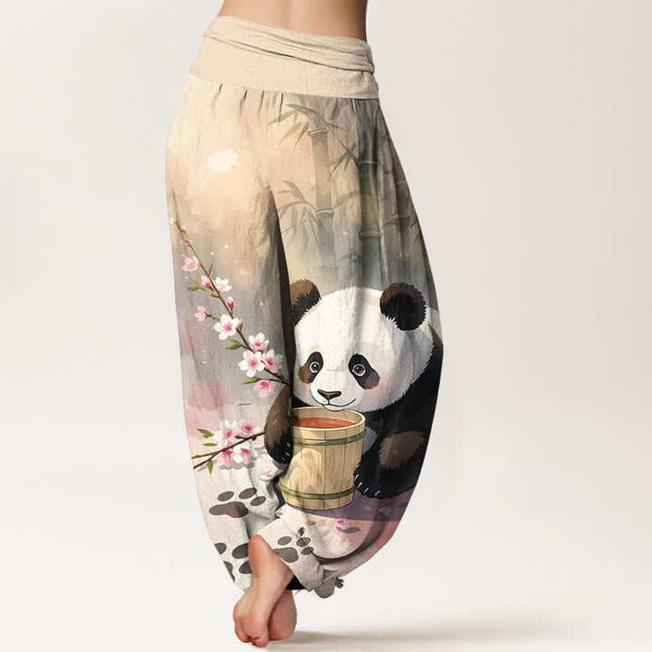 Buddha Stones Pantalon harem pour femme en pur coton à motif panda et fleurs de bambou, taille élastique - image 1