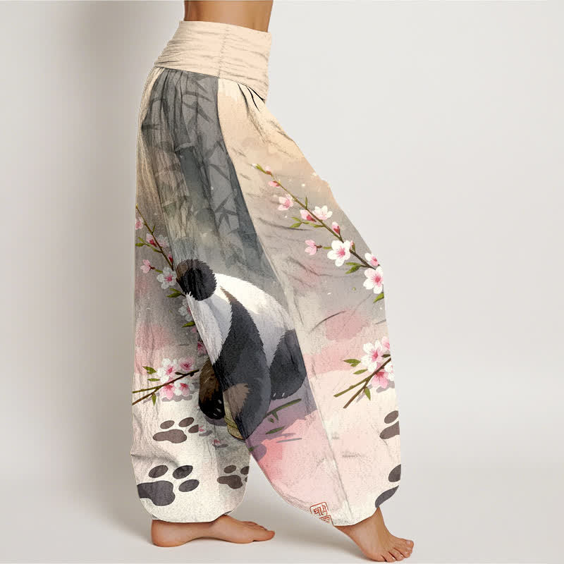 Buddha Stones Pantalon harem pour femme en pur coton à motif panda et fleurs de bambou, taille élastique - image 2