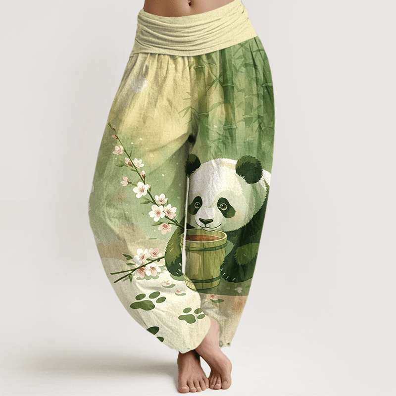 Buddha Stones Pantalon harem pour femme en pur coton à motif panda et fleurs de bambou, taille élastique - JauneVert - US16，UK/AU20，EU48 (3XL) - image 5