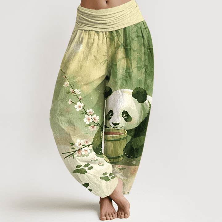 Buddha Stones Pantalon harem pour femme en pur coton à motif panda et fleurs de bambou, taille élastique - JauneVert - US16，UK/AU20，EU48 (3XL) - image 5