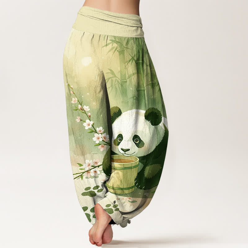 Buddha Stones Pantalon harem pour femme en pur coton à motif panda et fleurs de bambou, taille élastique - image 6
