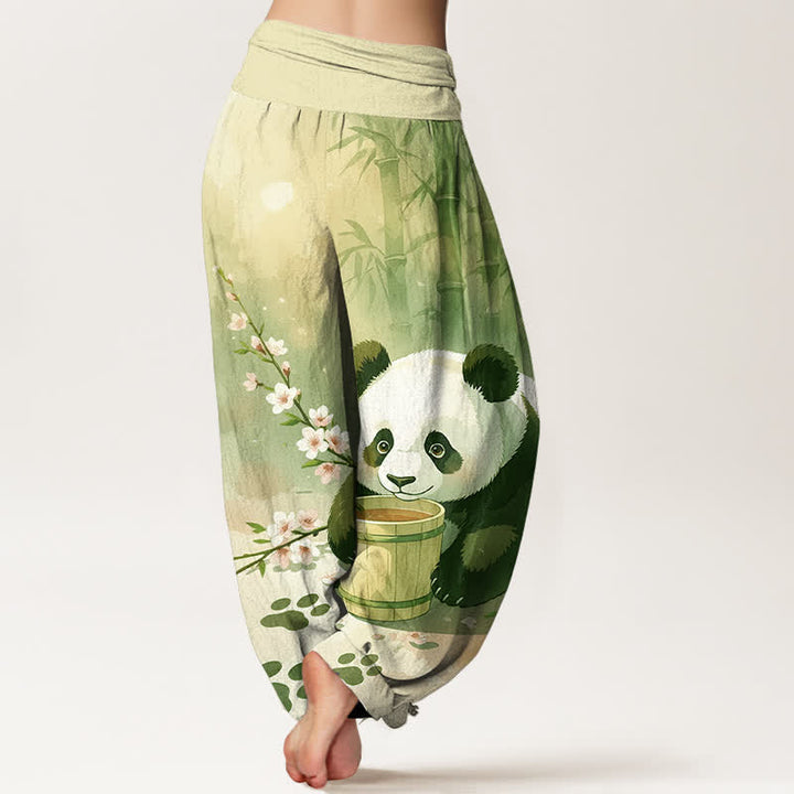 Buddha Stones Pantalon harem pour femme en pur coton à motif panda et fleurs de bambou, taille élastique - image 6