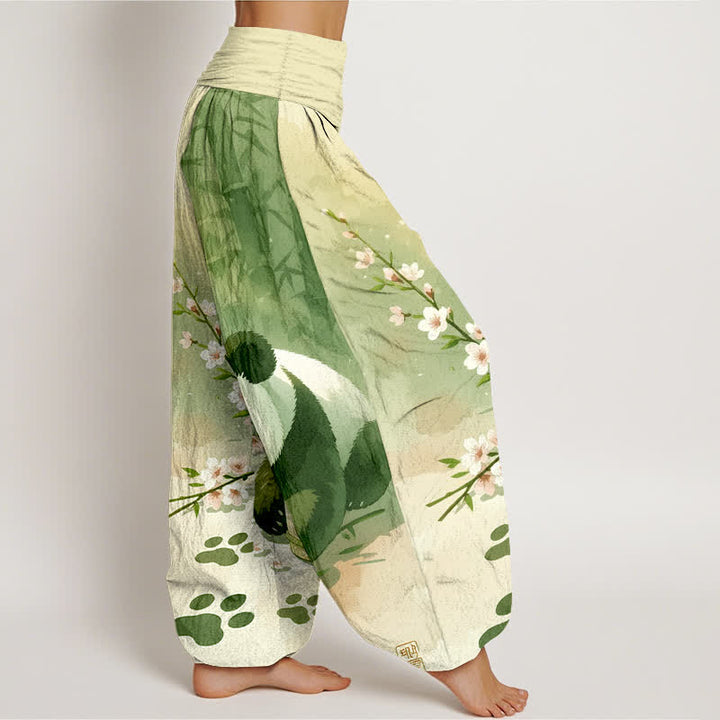 Buddha Stones Pantalon harem pour femme en pur coton à motif panda et fleurs de bambou, taille élastique - image 7