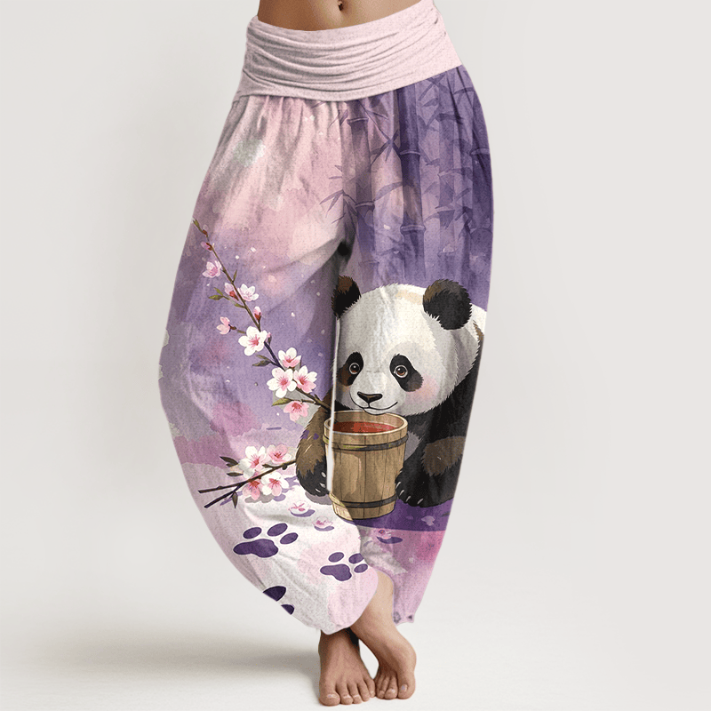 Buddha Stones Pantalon harem pour femme en pur coton à motif panda et fleurs de bambou, taille élastique - Prune - US16，UK/AU20，EU48 (3XL) - image 8