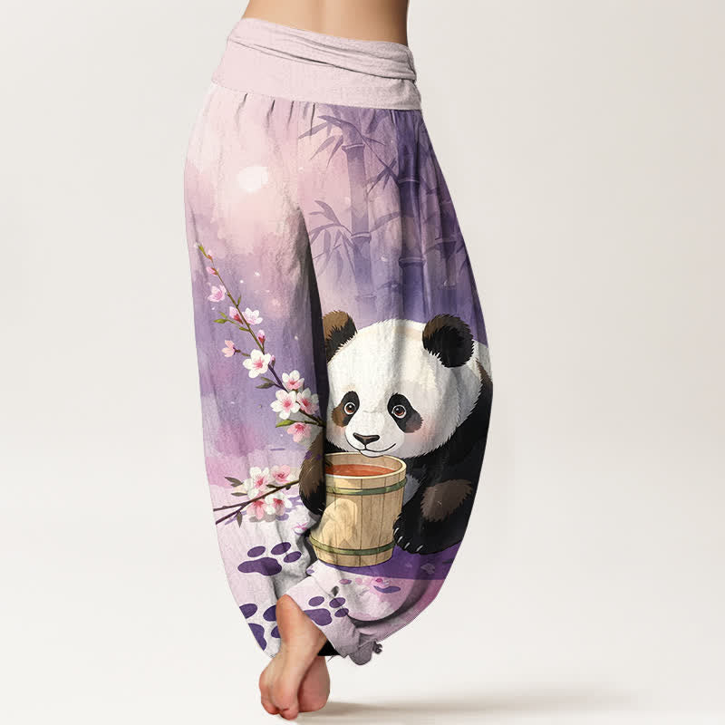Buddha Stones Pantalon harem pour femme en pur coton à motif panda et fleurs de bambou, taille élastique - image 9